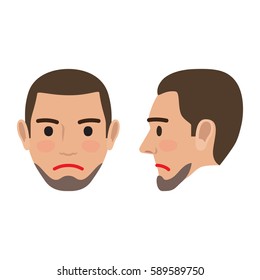 Sad man avatar user pic. Vector illustration of front and side view of upset person. Male head with disappointed facial expression. Adult profile icon with angry face, character in bad mood
