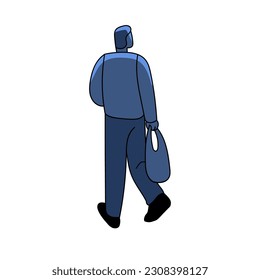Triste hombre, retrovista, desapareciendo. Wanderer, extraño de noche. Una persona deprimida vagando, vagando, saliendo con una bolsa. Problema, concepto de crisis. Ilustración vectorial plana aislada en fondo blanco
