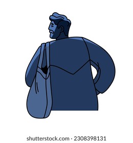 Sad man, back view. Night stranger, wanderer backside. Depressed unhappy person in grief, sorrow, wandering, roaming, leaving with bag. Flat graphic vector illustration isolated on white background