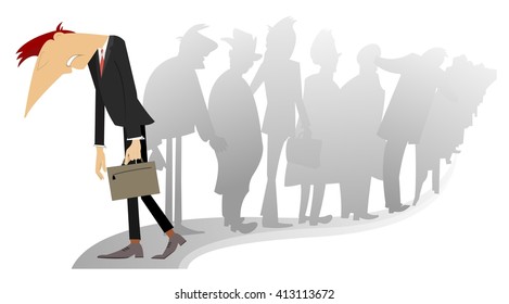 Sad man with a bag is passing by the turn of the people
