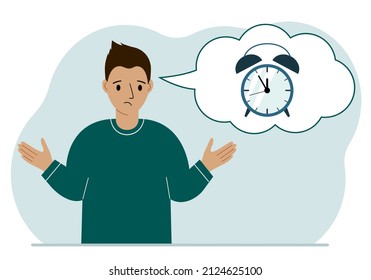 Trauriger Mann mit einem Ballon von Luftgedanken mit einem Wecker. Zeitmanagement, Planung, Arbeitszeitgestaltung, effektiver Betrieb, Frist. Vektorgrafik