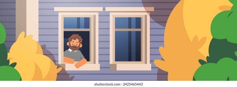 Sad man with beard looks out the window, view from the street. Depression and loneliness concept illustration