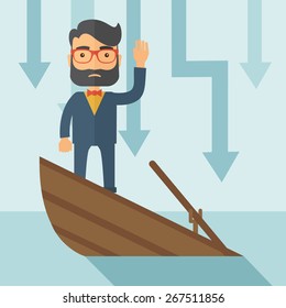 A Sad Man With Beard Wearing Eyeglasses Standing On A Sinking Boat With Those Arrows On His Back Pointing Down Symbolize That His Business Is Loosing. He Needs Help. A Contemporary Style With Pastel