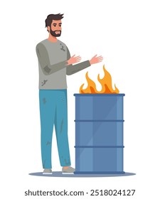 Hombre triste Mendigo Calentando las manos en el fuego Quemando en barril de metal, personaje masculino que lleva la ropa harapienta Viviendo en la calle, indigente pobre chico Bum necesita Asistencia, ayuda. Ilustración vectorial