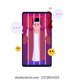 Sad man behind bars in the phone. Psychological addiction to gadgets, low battery, many likes online. FOMO fear of missing out vector illustration concept. Personal anxiety and worry, discomfort