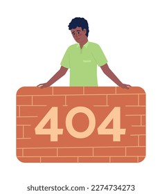 Sad man behind brick wall 404 page not found illustration. Guy flat vector 2D cartoon character on white. Editable error flash message for application, web UX, UI design. Catamaran Bold font used