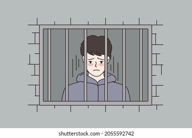 Sad man behind steel bars in country jail. Distressed unhappy male feel depressed sit in prison. Criminal convict imprisoned for illegal actions. Cartoon character flat vector illustration.