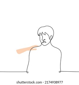 sad man being comforted - one line drawing vector. concept of comforting someone, help out of nowhere or unpleasant when you are touched