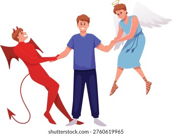 A sad man between an angel and a demon, both pulling his hands. Moral dilemma, choice between good and evil, conflict of conscience, and temptation. Flat vector. Cartoon style.