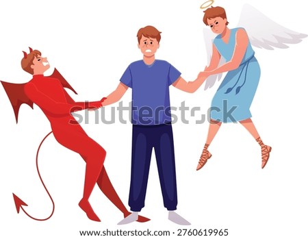 A sad man between an angel and a demon, both pulling his hands. Moral dilemma, choice between good and evil, conflict of conscience, and temptation. Flat vector. Cartoon style.