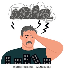 Sad man with a black cloud over his head.Emotional male character with a mustache, holding his head with his hand. He looks at the destroyed houses.Vector cartoon flat illustration on white background