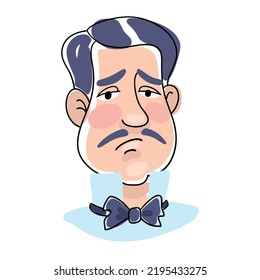 Sad man in a bow tie. Portrait in a line style with colored spots. Isolated on white background. Vector flat illustration