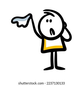 A sad man breaks up with his beloved and waves goodbye with a handkerchief. Vector illustration of upset stickman character missing somebody.