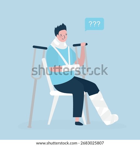 Sad man with a broken arm and leg in a cast with a crutch and a neck brace. Limb fracture. Trauma, injured person sitting on chair. Vector illustration in cartoon style