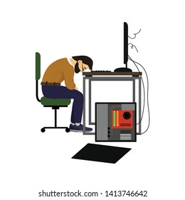 Sad Man At The Broken Computer. Vector Isolated Illustration