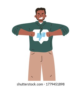 Triste hombre con el botón de disgustos roto. Enfadado joven desagradable. Sentimientos negativos tristes. Adicción a la aprobación y validación de Internet.Ilustración vectorial con estilo de caricatura plana.Carácter colorido.