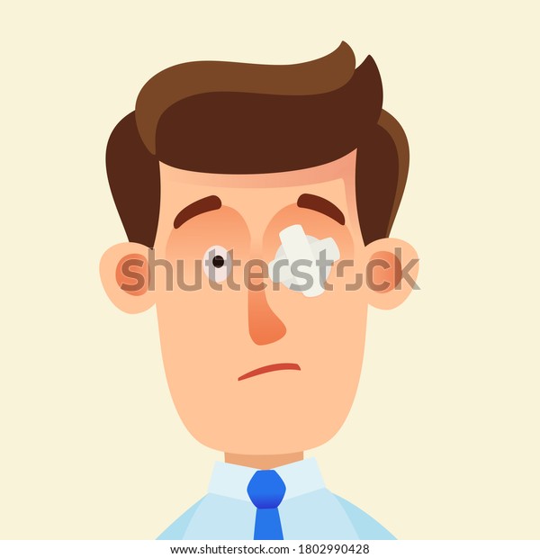 Sad man with a broken eye with a\
sealed plaster. Portrait of a man with a sore eye. Vector\
illustration, flat design, cartoon style, isolated\
background.