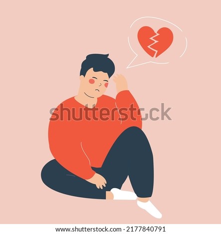 Sad man with broken heart and gloomy thoughts. Teenage boy has problems in relationship with love heartache. Young male feeling upset because of break up with his lover. Heartbroken concept. 
