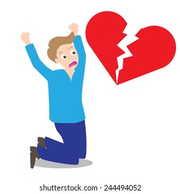 Sad man with broken heart shape background in concept of being broken heart vector.