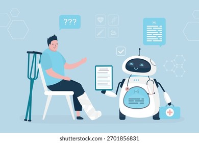 Trauriger Mann mit gebrochenem Bein im Guss mit Krücken. Beinbruch. Medizinische KI-Chat-Bot macht eine Diagnose. Trauma, verletzte Person sitzt auf medizinischem Bett und spricht mit Roboter. Moderne Medizintechnik.