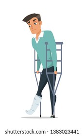 Sad man with broken leg flat vector illustration. Cartoon male with crutches. Health insurance client character. Injury, trauma. Active sports, car crash accident effect. Foot bone fracture treatment