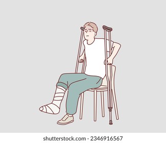 A sad man with a broken leg sits on a chair. Illness concept. Hand drawn style vector design illustrations.