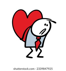 Sad man in business suit holding large heart in hands on the back. Vector illustration of tired stickman character in love. Cute stick figure person isolated on white background.