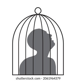 Sad man in the cage. Manl in depression or prison.Mental Health Awareness. Psychology illustration. Sadness, pain emotion