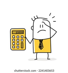 Sad man with calculator holds his head from failure, trouble, hopelessness. Stick figure. Doodle style. Vector illustration.