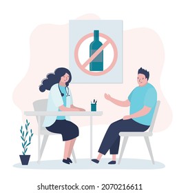 Sad man came to narcologist for appointment. Clinic helps people with alcohol addiction. Treatment and diagnosis of alcoholism. Stop alcohol abuse poster. Narcology concept. Flat vector illustration