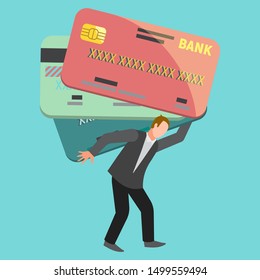 Sad man is carrying credit cards vector illustration. Mortgage payer with credit cards on his shoulders. Business man credit debt