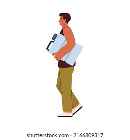 Sad Man Carrying Gallon Of Drinking Water, Flat Vector Illustration Isolated On White Background. Concepts Of Water Scarcity, Drought And Climate Change. Plastic Bottle Of Clean Water.