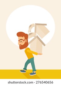 A sad man carrying house and car as his loan or debt from the bank.  A Contemporary style with pastel palette, soft beige tinted background. Vector flat design illustration. Vertical layout with text