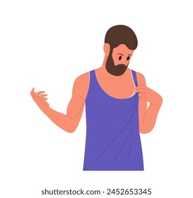 Sad man cartoon character wearing underwear with red stained body skin isolated on white background