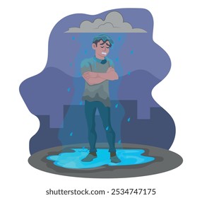 Hombre triste que coge la lluvia, concepto del día desafortunado. El hombre olvidó su paraguas y se mojó. Ilustración vectorial. 