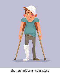 Sad Man Character With Broken Leg. Vector Flat Cartoon Illustration