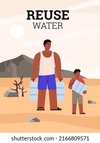 Sad man and child with plastic gallons waiting for drinking water, poster template flat vector illustration. Dehydrated people with lack of clean drinking water. Climate change and drought.