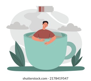 Sad man concept. Frustrated young guy with low energy in large mug of coffee or tea. Emotional burnout and overload, frustration and depression. Fatigue and sorrow. Cartoon flat vector illustration