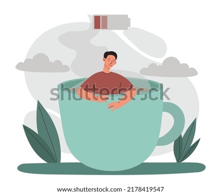 Sad man concept. Frustrated young guy with low energy in large mug of coffee or tea. Emotional burnout and overload, frustration and depression. Fatigue and sorrow. Cartoon flat vector illustration