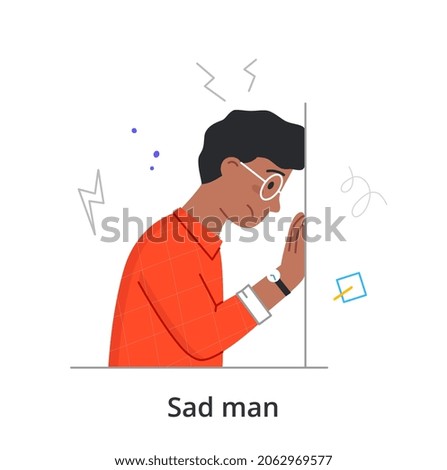 Sad man concept. Man rested his head against wall. Metaphor of hopelessness, devastation, failure. Depression, psychotherapy. Life impasse, emotion, sadness. Cartoon flat vector illustration