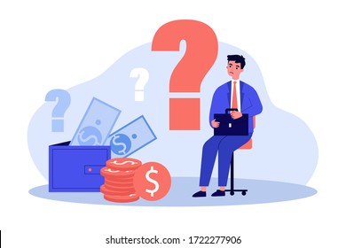 Sad man concerned about financial problem, money need and unpaid loan debts. Male character, question mark, wallet with cash. Vector illustration for finance, bankruptcy, trouble concept