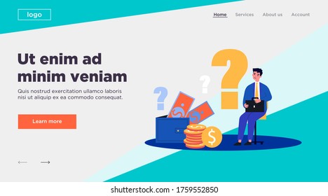 Sad man concerned about financial problem, money need and unpaid loan debts. Male character, question mark, wallet with cash. Vector illustration for finance, bankruptcy, trouble concept
