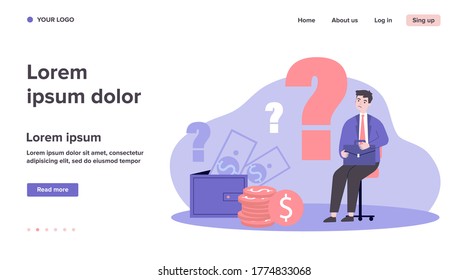 Triste hombre preocupado por problemas financieros, necesidad de dinero y deudas crediticias no pagadas. Carácter masculino, signo de interrogación, billetera con efectivo. Ilustración vectorial de finanzas, quiebra, concepto de problemas