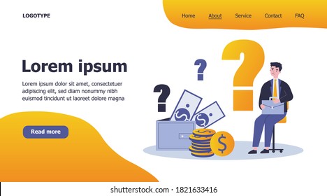 Sad man concerned about financial problem, money need and unpaid loan debts. Male character, question mark, wallet with cash. Vector illustration for finance, bankruptcy, trouble concept
