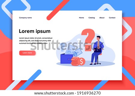 Sad man concerned about financial problem, money need and unpaid loan debts. Male character, question mark, wallet with cash. Vector illustration for finance, bankruptcy, trouble concept