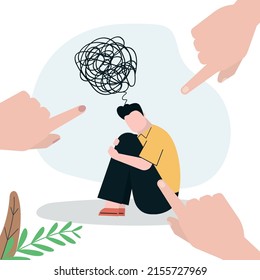 Sad man with confused thoughts surrounded by condemning gestures. Guy have problems with mental health and depression. Concept of bullying, inner critic and negative self talk. Vector illustration