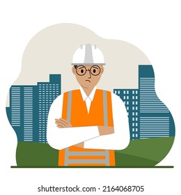 Sad man constructor against the backdrop of the city and high apartment buildings. Vector