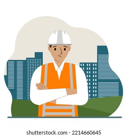 Sad man constructor against the backdrop of the city and high apartment buildings. Vector flat illustration
