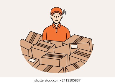 Sad man courier stands among scattered cardboard boxes, suffering from overload associated with logistics problems. Courier guy from delivery service or postal company needs help delivering parcels.