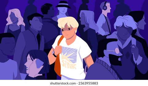 Sad man in crowd vector illustration. Cartoon young male character with worry, helpless and unhappy face standing in group of indifferent people, apathy and loneliness due to social indifference